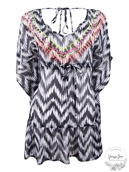 Miken Womens Embroidered V-Back Ruffled Tunic Dress Swim Cover-Up , Medium