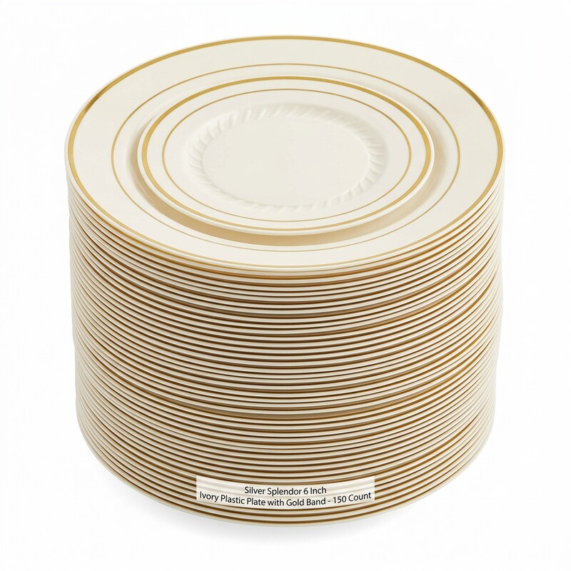 Silver Splendor 6 Inch Ivory Plastic Plate with Gold Band 150 CT