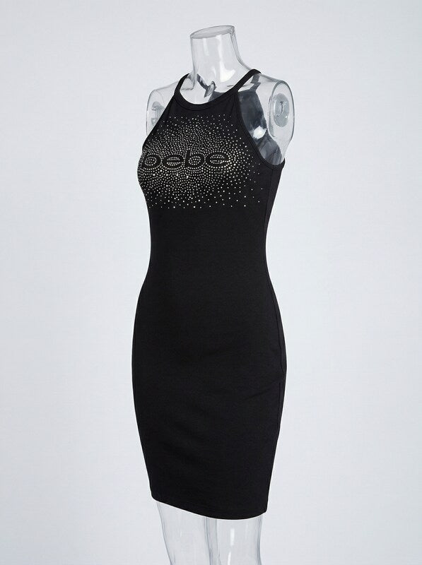 Bebe Rhinestone Splash Logo  Halter Dress - Size Large