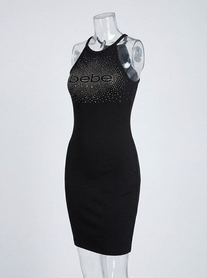 Bebe Rhinestone Splash Logo  Halter Dress - Size Large