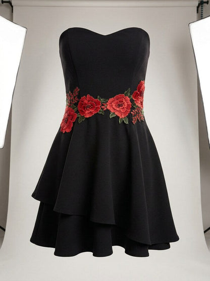 B Darlin Juniors Embroidered Strapless Fit and Flare Dress, Black, Size 15/16