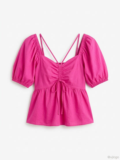 Aqua Cutout Puff Sleeve Top, Hot pink,Size Small