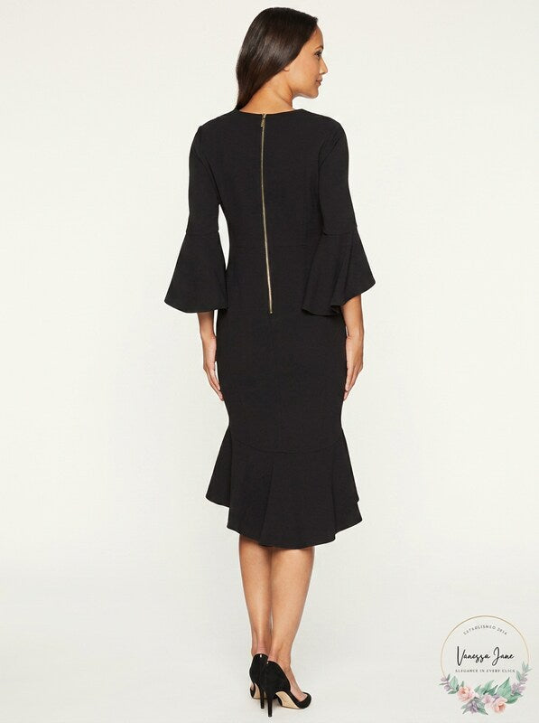 CALVIN KLEIN Womens Black Bell Cuff 3/4 Sleeve V Neck Dress Size: 4