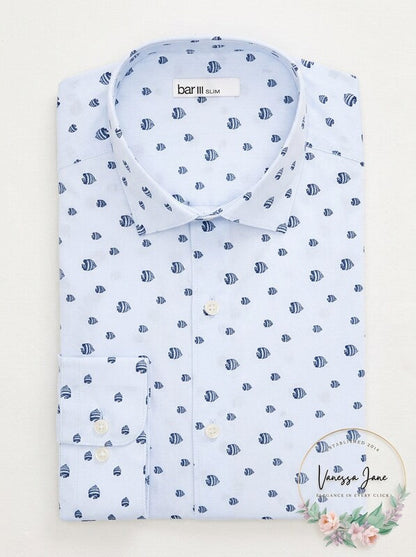 Bar III Dress Shirt Fish Print Slim Fit 17-17 1/2, Blue, Size XL
