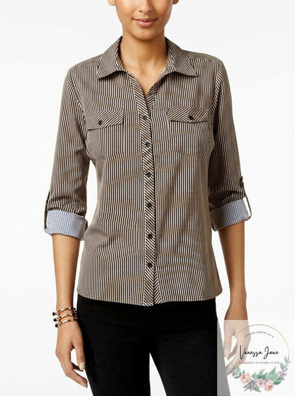 NY Collection Womens Petites Striped Utility Button-Down Top, Size PL