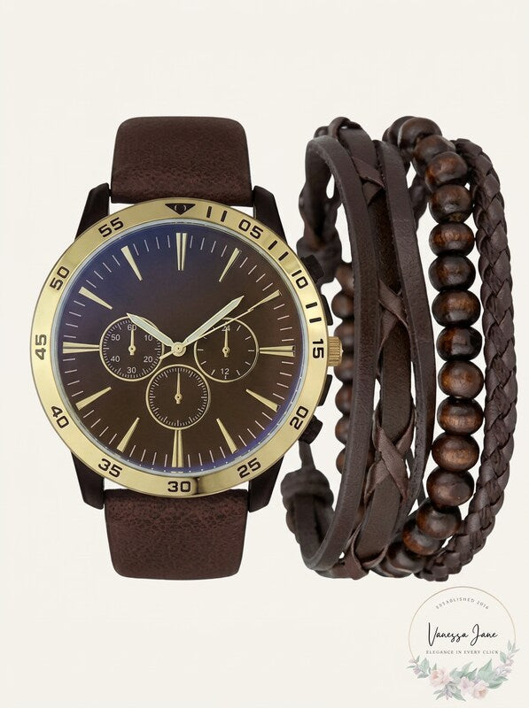 INC Brown Faux-Leather Strap Watch 48mm &amp; 3-Pc. Bracelet Set