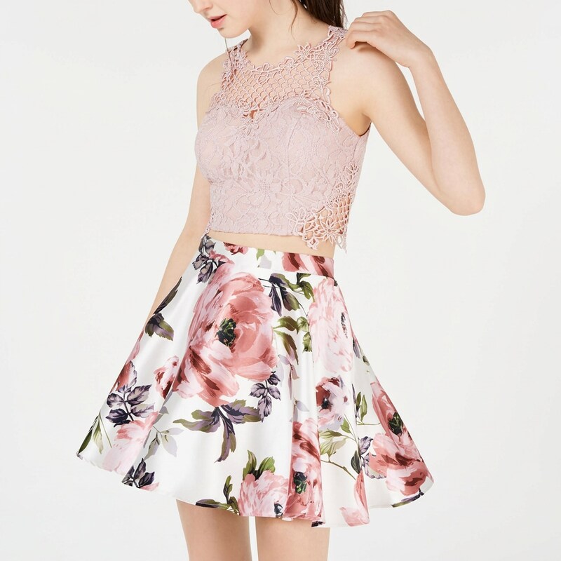 City Studios Juniors? Solid Top &amp; Floral Skirt, Pink, Size 7