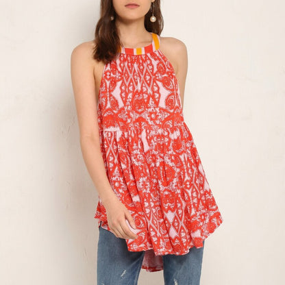 Free People Womens Top Orange Halter Colorblock Tunic, Size XS