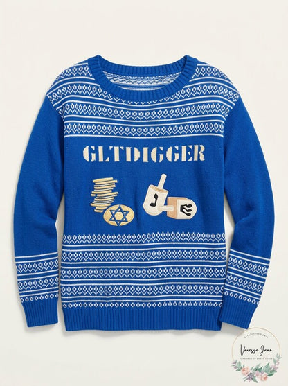 Isabellas Closet Womens Gelt Digger Ugly Hannukkah Sweater, Blue, Size Medium
