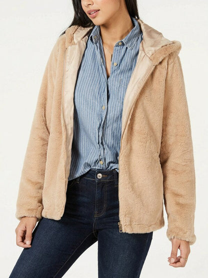 Style &amp; Co Zip-Front Hooded Faux-Fur Jacket,Size Small Medium