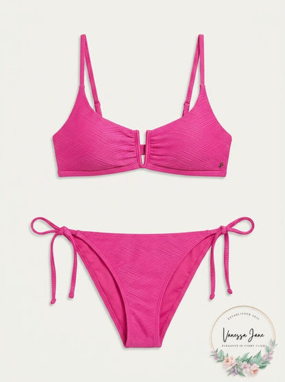 ONeill Neon Pink Saltwater Solids Textured Bikini Swim Top, Us Large