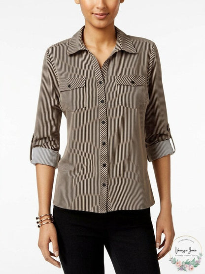 NY Collection Womens Petites Striped Utility Button-Down Top, Size PL