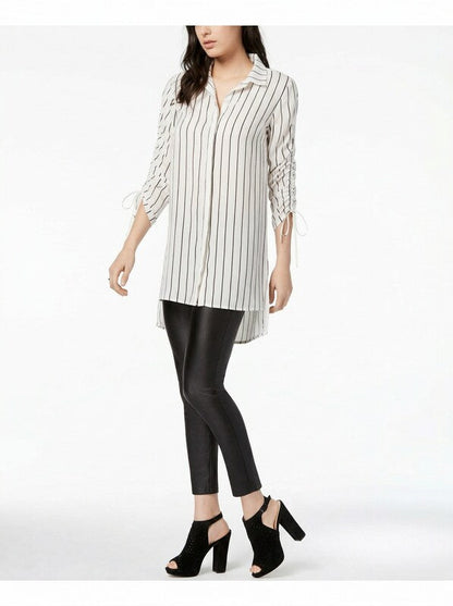 Bar III Womens White Button Down Ruched Sleeves 3/4 Sleeve Top,Size XS
