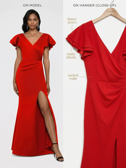 Betsy &amp; Adam Ruffled-Sleeve Slit Scuba Gown, Size 8P