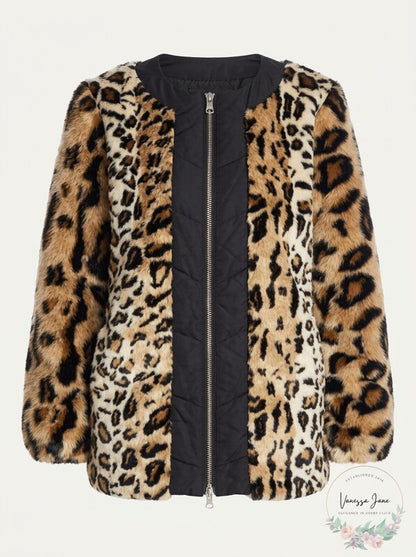 Donna Karan New York Leopard Print Faux Fur Jacket, Size Large