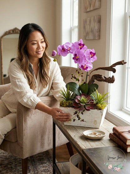 Nearly Natural 1458-Or Orchid &amp; Succulent Garden With White Wash Planter