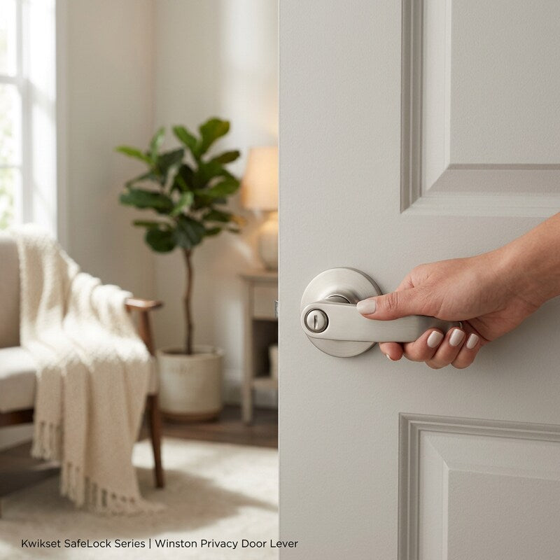 Kwikset Winston Privacy Door Lever Set with Round Rose from the SafeLock Series