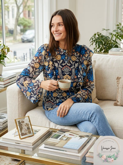 INC Womens Floral Print Ruffled Blouse, Size Large