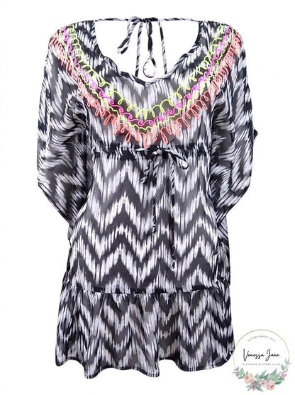 Miken Womens Embroidered V-Back Ruffled Tunic Dress Swim Cover-Up , Medium