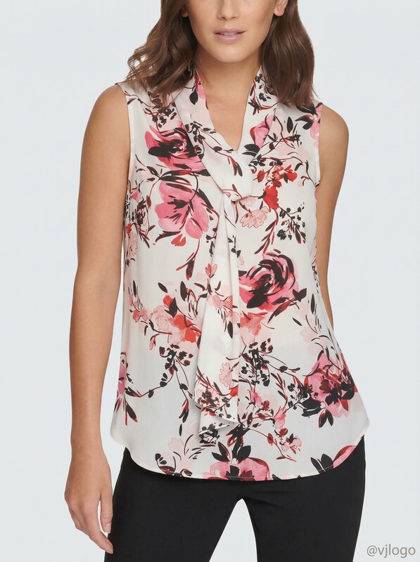 Dkny Floral Tie-Neck Top, Size Large
