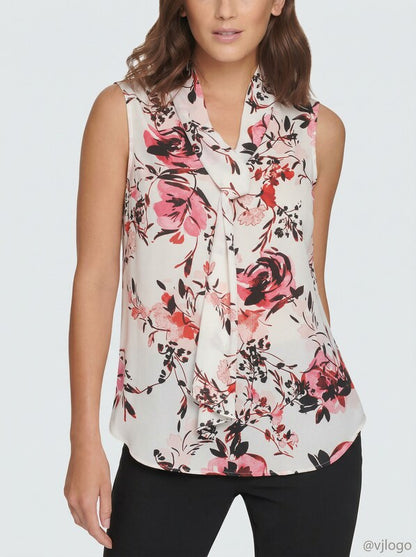 Dkny Floral Tie-Neck Top, Size Large