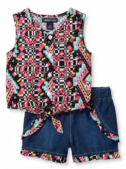 Limited Too Baby Girls 2 Piece Printed Blouse and Flap Denim Short, Size 12 MO