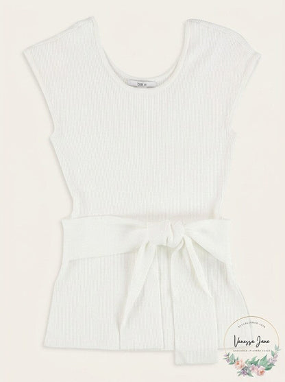 bar III Womens Tie Waist Cap Sleeve Pullover Sweater, White, Size XS