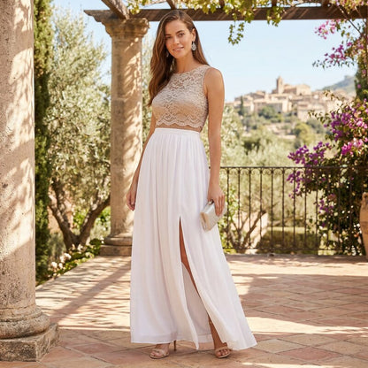 City Studios Juniors Lace Top &amp; Long Wrap Skirt, Beige, Size 11