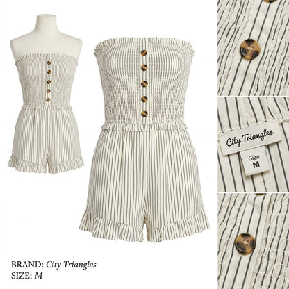 City Triangles Strapless Smocked Striped Romper Cream/Black Size M