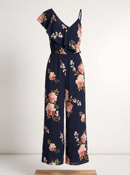 Aqua Asymmetric Floral Wide-Leg Jumpsuit, size Small