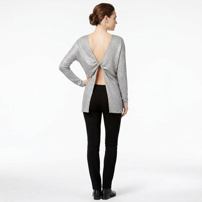 BAR III Womens Metallic Twist-back Long Sleeve Jewel Neck Top, Size Small