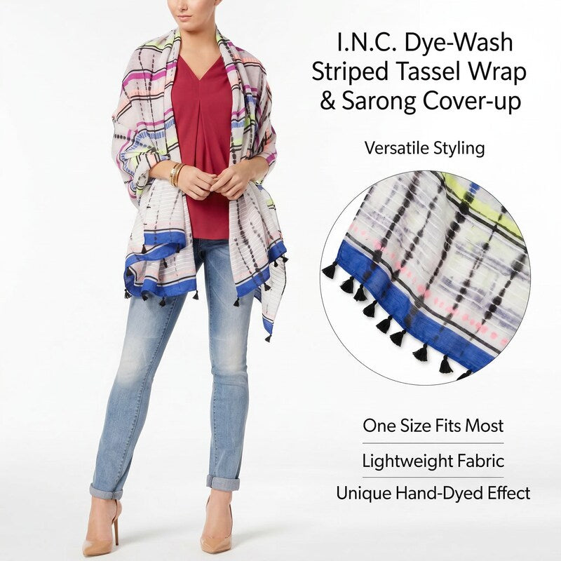 I.n.c. Dye-Wash Striped Tassel Wrap &amp; Sarong Cover-up One Size