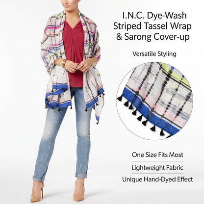 I.n.c. Dye-Wash Striped Tassel Wrap &amp; Sarong Cover-up One Size