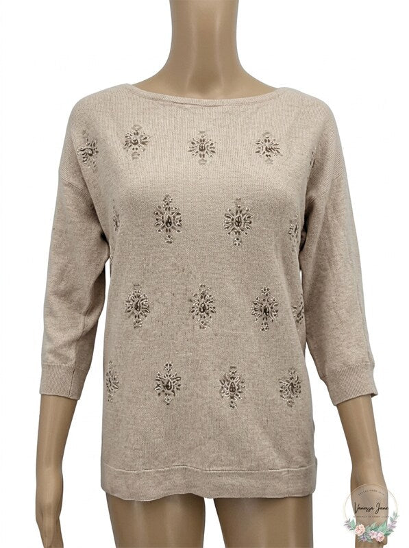 White House Black Market WHBM Sweater, Tan with Jewel Embellishments, Size S