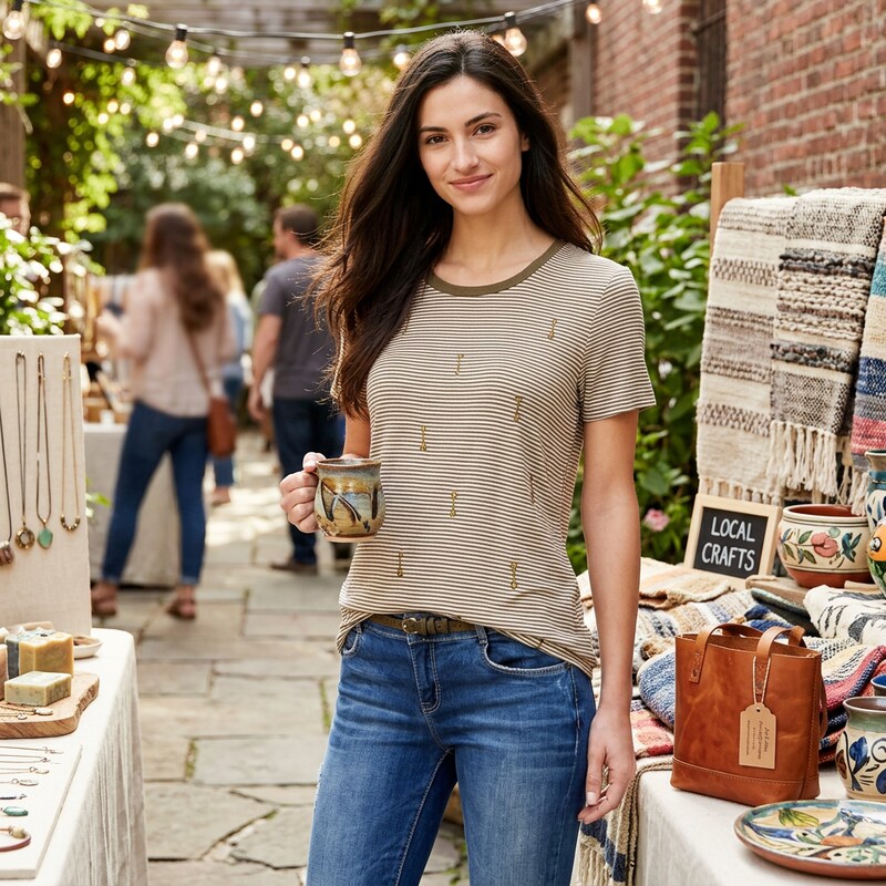 Carbon Copy Womens Striped Arrow-Embroidered Embellished T-Shirt, Size Medium