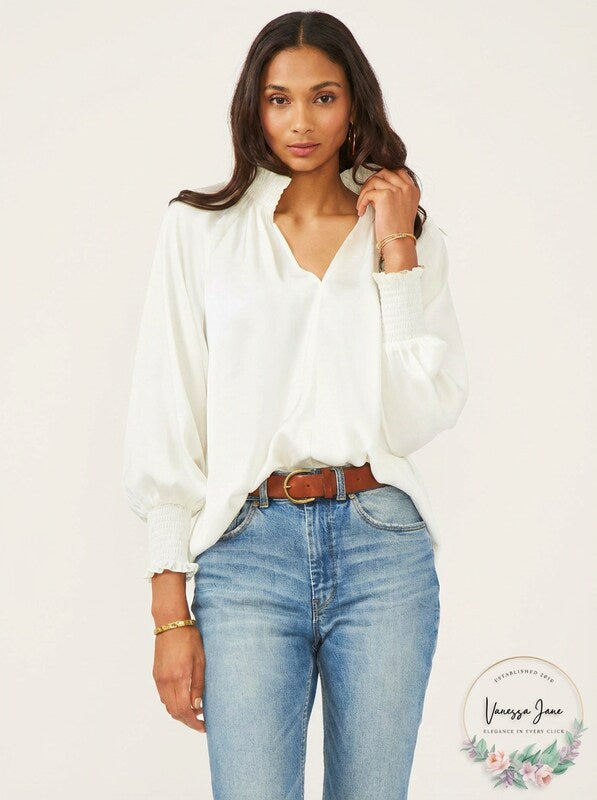 Vince Camuto Womens Ivory Smocked Blouson Sleeve Split Wear to Work Blouse Small