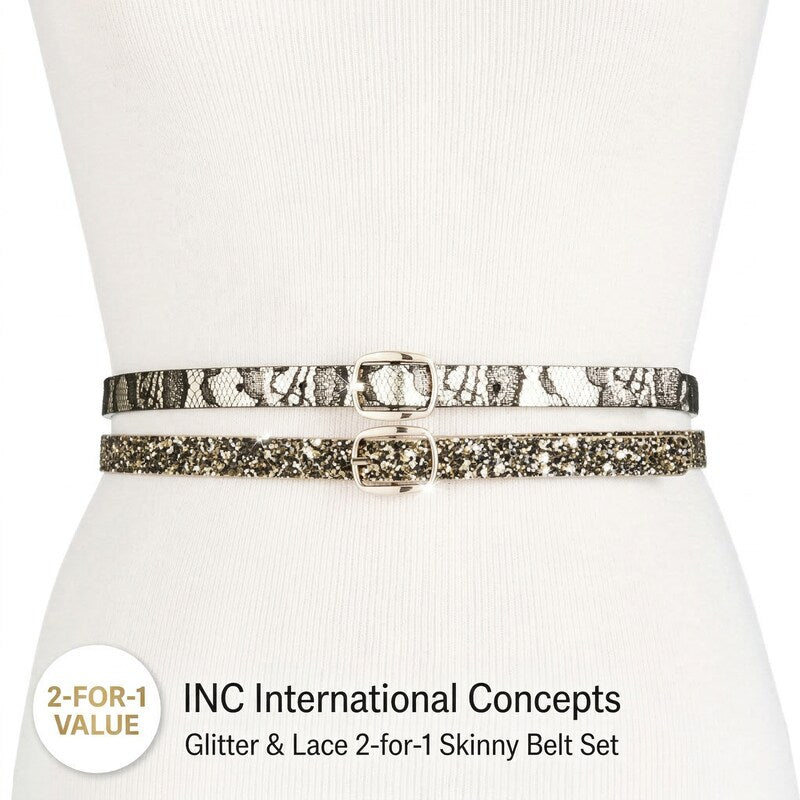 INC International Concepts Glitter &amp; Lace 2-for-1 Skinny Belts