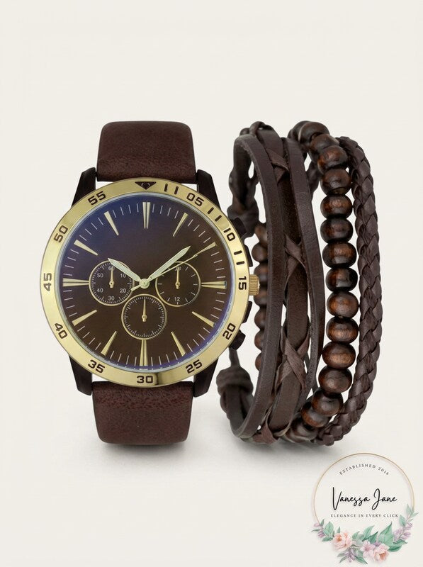 INC Brown Faux-Leather Strap Watch 48mm &amp; 3-Pc. Bracelet Set