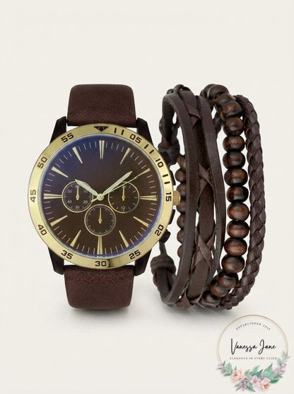 INC Brown Faux-Leather Strap Watch 48mm &amp; 3-Pc. Bracelet Set