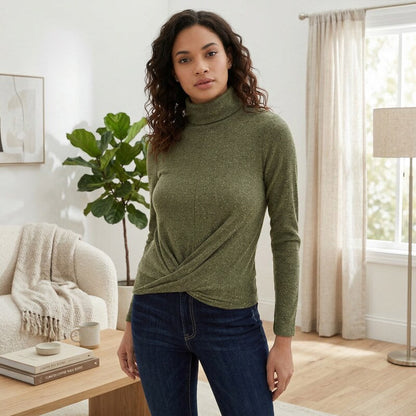 Crave Fame Junior Womens Cozy Twist Front Turtleneck Sweater, Small