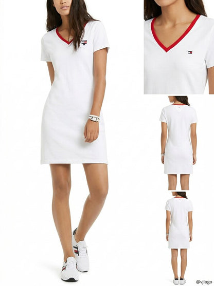 Tommy Hilfiger V-Neck Cotton Sheath Dress, Size Small
