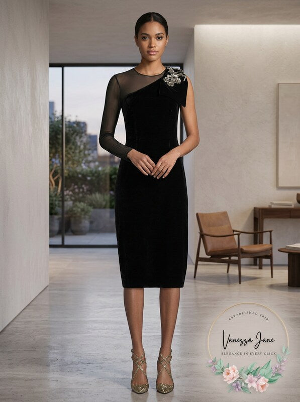 Sachin &amp; Babi Noir Bali One-Shoulder Velvet Dress w/ Brooch, Size 8