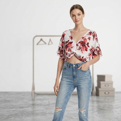 Aqua Flutter-Sleeve Floral Cropped Top, Size Medium