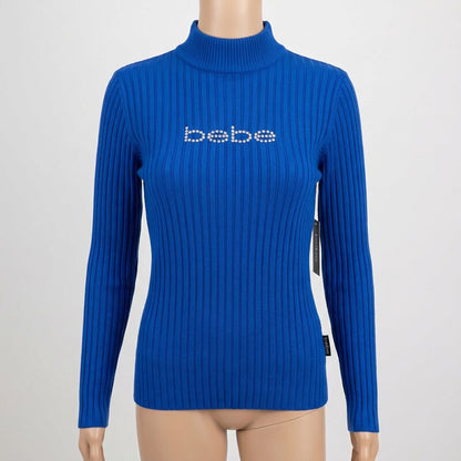 Bebe Rhinestone Mock Neck Ribbed Knit Sweater, Blue Size Large