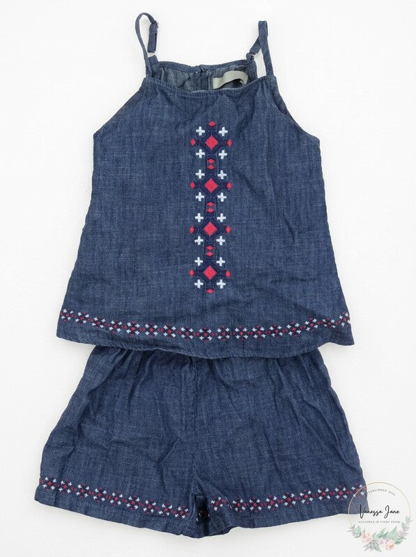 Lucky Brand Girls Blue Denim Short Romper One Piece Outfit, Size 2T