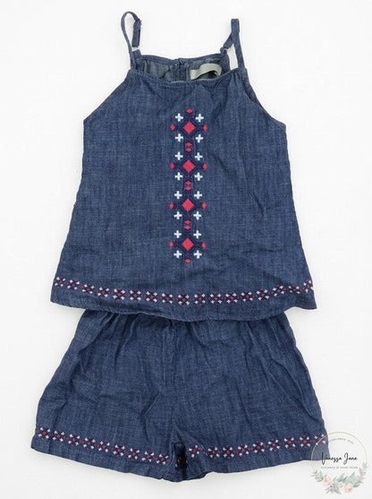 Lucky Brand Girls Blue Denim Short Romper One Piece Outfit, Size 2T