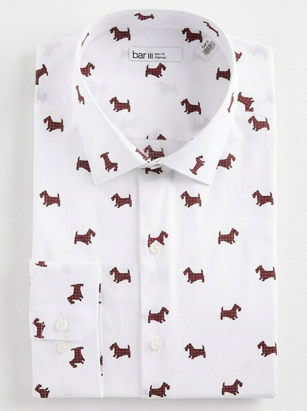 Bar Iii Mens Slim-Fit Stretch Scottie Print Dress Shirt, Size Small