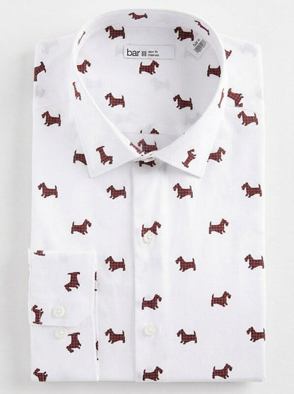 Bar Iii Mens Slim-Fit Stretch Scottie Print Dress Shirt, Size Small