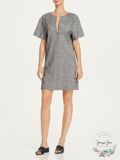 Theory Sharkskin Short-Sleeve Shift Dress, Gray, Size Medium