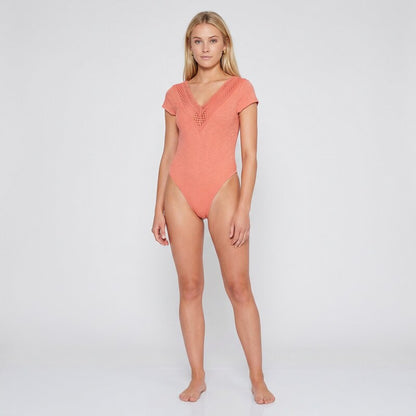 Bebe Logo Lace Plunge Bodysuit, Peach, Size Medium